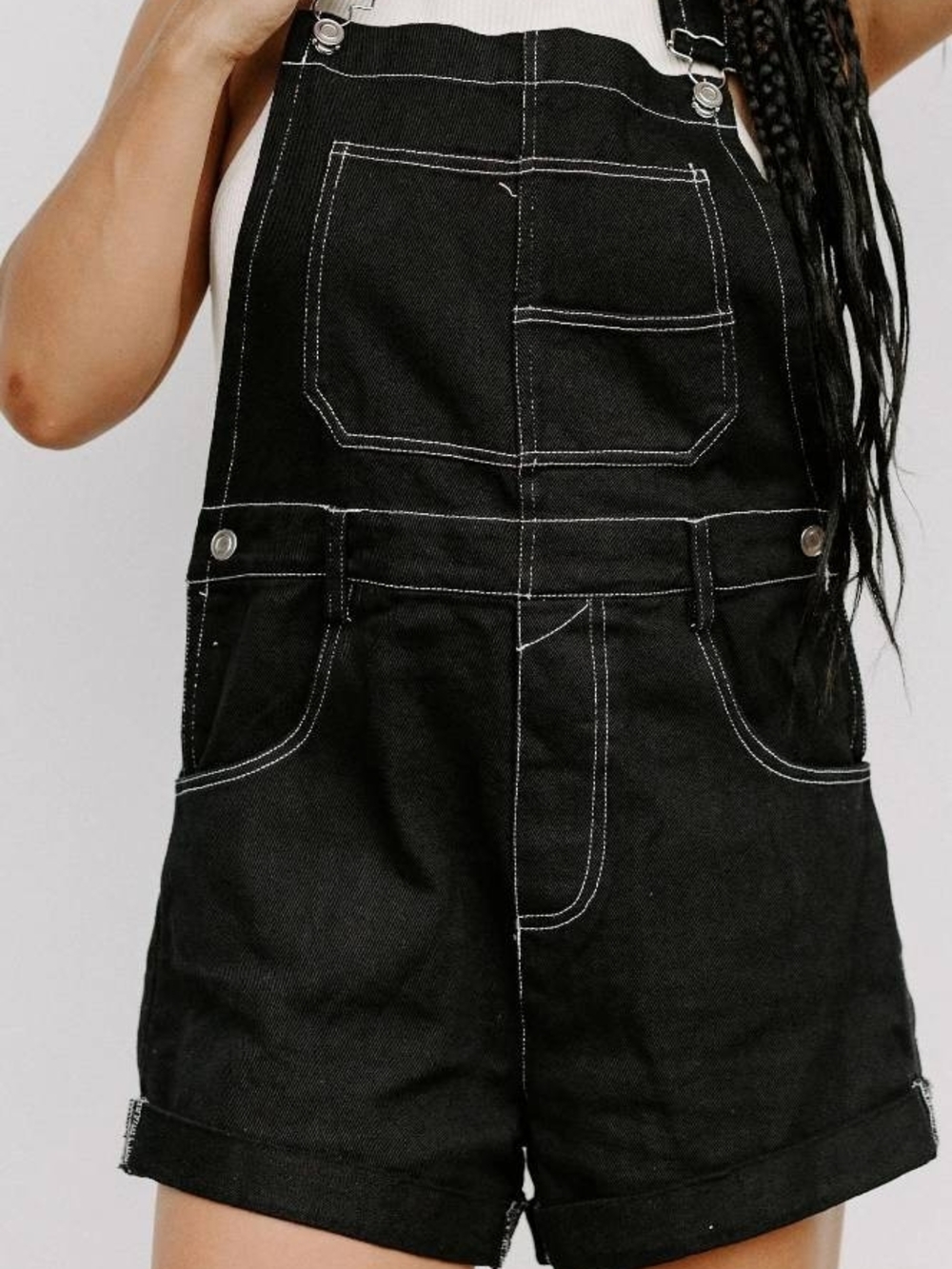 Molly Green Out and About Black Denim Short Overalls Women's Size M Like New